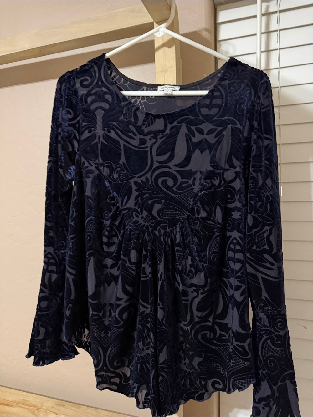 Ultra Pink Navy Blue Velvet Burnout Long Sleeve Top